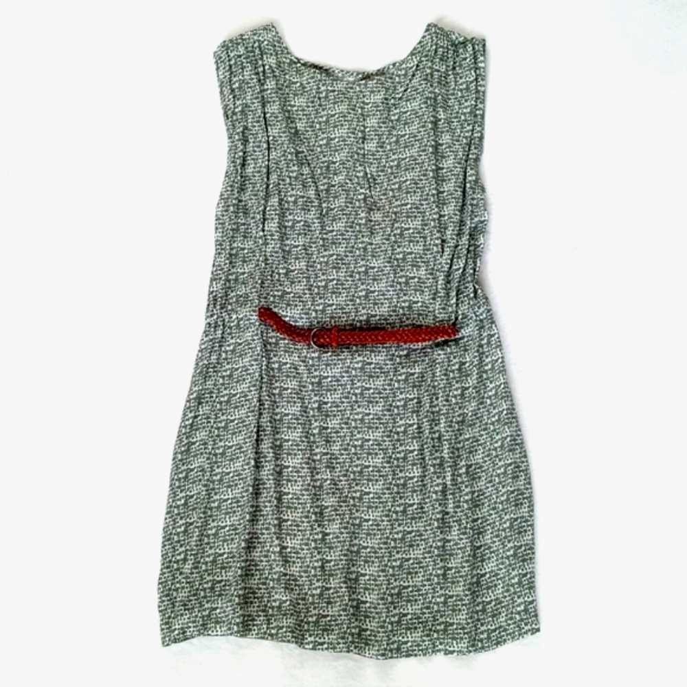 Gorgeous Vintage Women’s Green Abstract Print Sleeveless Dress w Built in Belt M